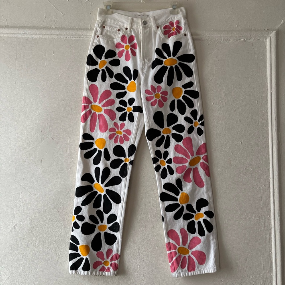 Topshop White Jeans with Painted Pink and Black Floral - Picture 2 of 9